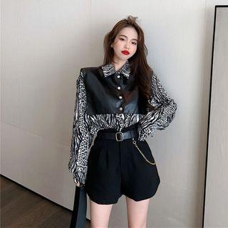 Leopard Print Shirt / Faux Leather Shawl / Shorts