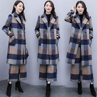 Set: Plaid Double-breasted Midi Coat + Wide-leg Cropped Pants