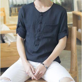 Plain Collarless Elbow Sleeve Shirt