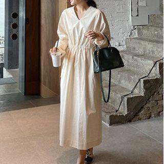 Long-sleeve V-neck Drawstring Midi A-line Dress