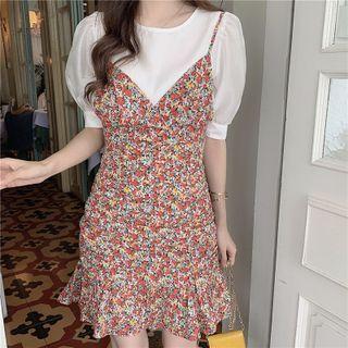 Short-sleeve Top / Spaghetti Strap Floral Print Mini Mermaid Dress