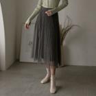 Checked Tulle Long Pleated Skirt