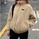 Stand Collar Faux-shearling Zip Jacket Khaki - One Size