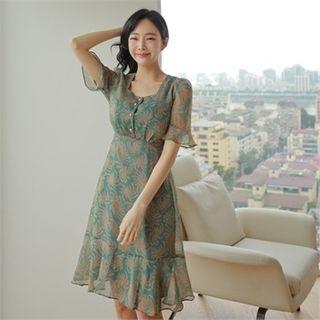 Square-neck Patterned Chiffon Dress