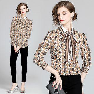 Long-sleeve Bow-accent Print Shirt