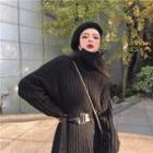 Plain Turtle-neck Long-sleeve Loose-fit Knit Dress With Belt Black - One Size
