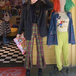 Striped Blazer / Plaid Split Hem Pants