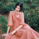 Hanfu Long-sleeve Midi Dress Orange - One Size
