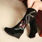 Genuine Leather Embroidered Hidden Wedge Tall Boots