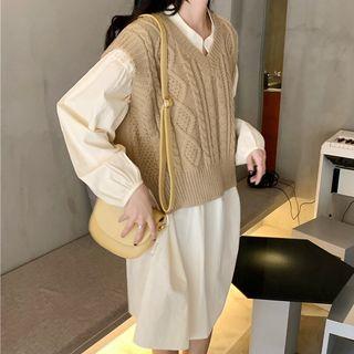 Set: Loose-fit Plain Dress + Cable-knit Vest