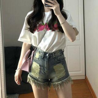 Tassel Trim Distressed Denim Shorts
