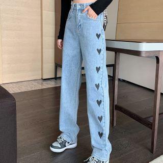 Heart Pattern Straight-fit Jeans
