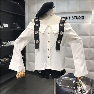 Set: Off-shoulder Shirt + Lace-up Jumper Shorts