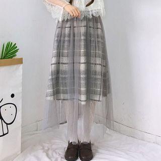 Plaid High-waist Midi Skirt Gray - One Size