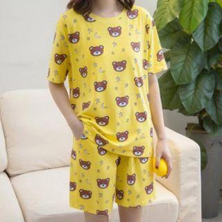 Loungewear Set: Short-sleeve Bear Print T-shirt + Shorts