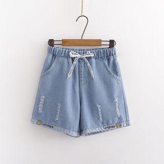 Smiley Face Embroidered Ripped Denim Shorts