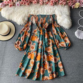 Off Shoulder Floral Print Dress Green - One Size