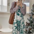 Long-sleeve Plain T-shirt / Spaghetti Strap Print Midi A-line Dress