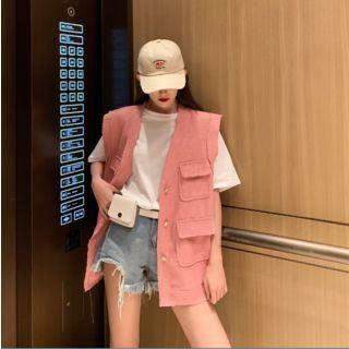 Short-sleeve Plain T-shirt / Front Pocket Sleeveless Button Jacket