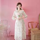 Smocked-waist Floral Maxi Chiffon Dress Ivory - One Size