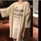 3/4-sleeve Lettering Long T-shirt Beige - One Size