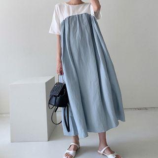 Short-sleeve Two-tone Maxi Shift Dress