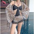 Set: Bikini Top + Leopard Print Swim Bottom + Cover Up Light Jacket