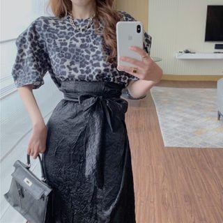 Puff-sleeve Leopard Blouse / High Waist Tie-waist Split Midi Skirt