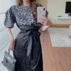 Puff-sleeve Leopard Blouse / High Waist Tie-waist Split Midi Skirt