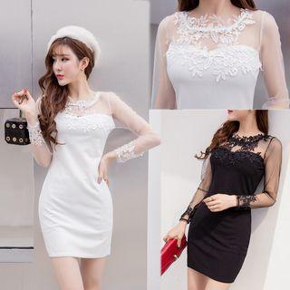 Lace Trim Mesh Panel Long-sleeve Mini Sheath Dress