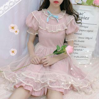 Ruffle Puff-sleeve Mesh Dress