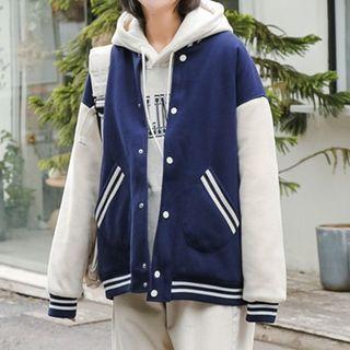 Contrast Stripe Woolen Baseball Jacket