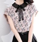 Short-sleeve Pattern Bow-accent Blouse