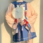 Contrast Trim Lace Up Jacket + Long-sleeve Sailor Collar Blouse + Pleated Mini Skirt