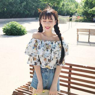 Off-shoulder Floral Print Short-sleeve Top