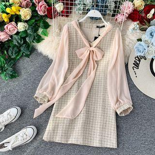 Long-sleeve Chiffon Paneled Tweed Mini Dress