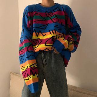 Striped Graphic Print Sweater As Shown In Figure - One Size