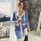 Set: V-neck Color Block Cardigan + Spaghetti Strap Mini Bodycon Dress