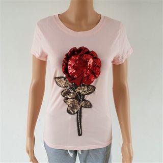 Short-sleeve Sequined Floral T-shirt