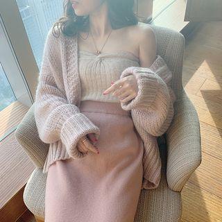 Plain Cardigan / Knit Strapless Top / Midi Skirt
