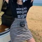 Elbow-sleeve Lettering T-shirt Houndstooth Skirt