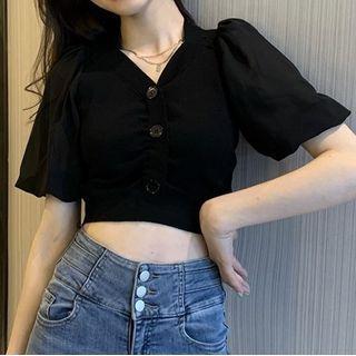 Elbow-sleeve Button-up Crop Knit Top