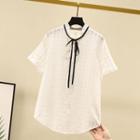 Short-sleeve Tie-neck Frill Trim Blouse