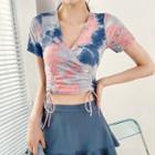 Set: Short-sleeve Tie-dyed Swim Top + Swim Skirt + Shorts