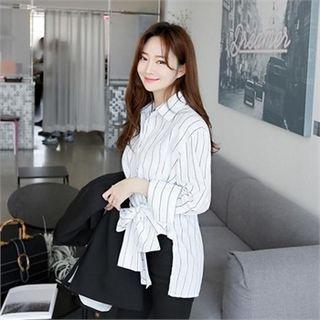 Ribbon Wrap-front Strip Shirt