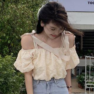 Puff-sleeve Cold-shoulder Blouse Beige - One Size