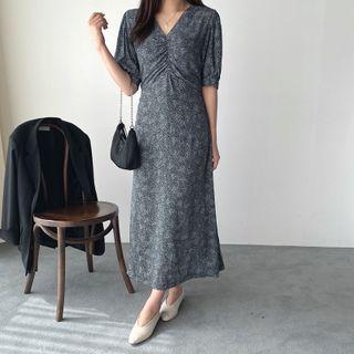 Shirred-trim Tie-waist Pattern Dress