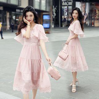 Cape-sleeve A-line Midi Dress