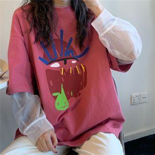 Long-sleeve Mesh Top / Graphic Print Short-sleeve T-shirt