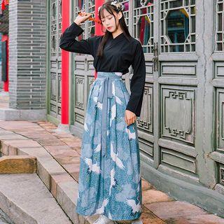 Set: Printed Hanfu Top + Maxi Skirt